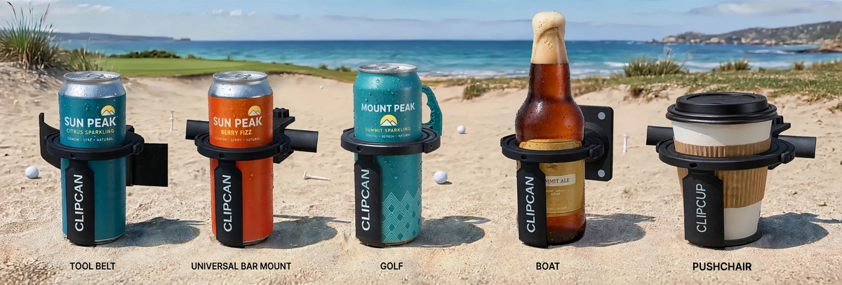 The Clipcan range lined up on the sand by the sea, each holding a drink